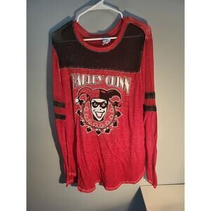 Harley Quinn T-Shirt Womens Large Long Sleeve Shirt Red Burn Out Graphic Batman